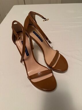 Stuart Weitzman Cognac Patent Leather Ankle-Strap Heels